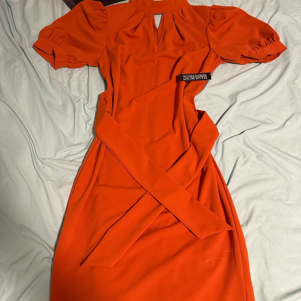 New York & Company Orange Sheath Dress with Puff Sleeves and Halter Neckline